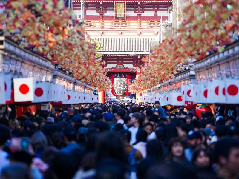 Crowd of people near Sensoji Temple in Tokyo